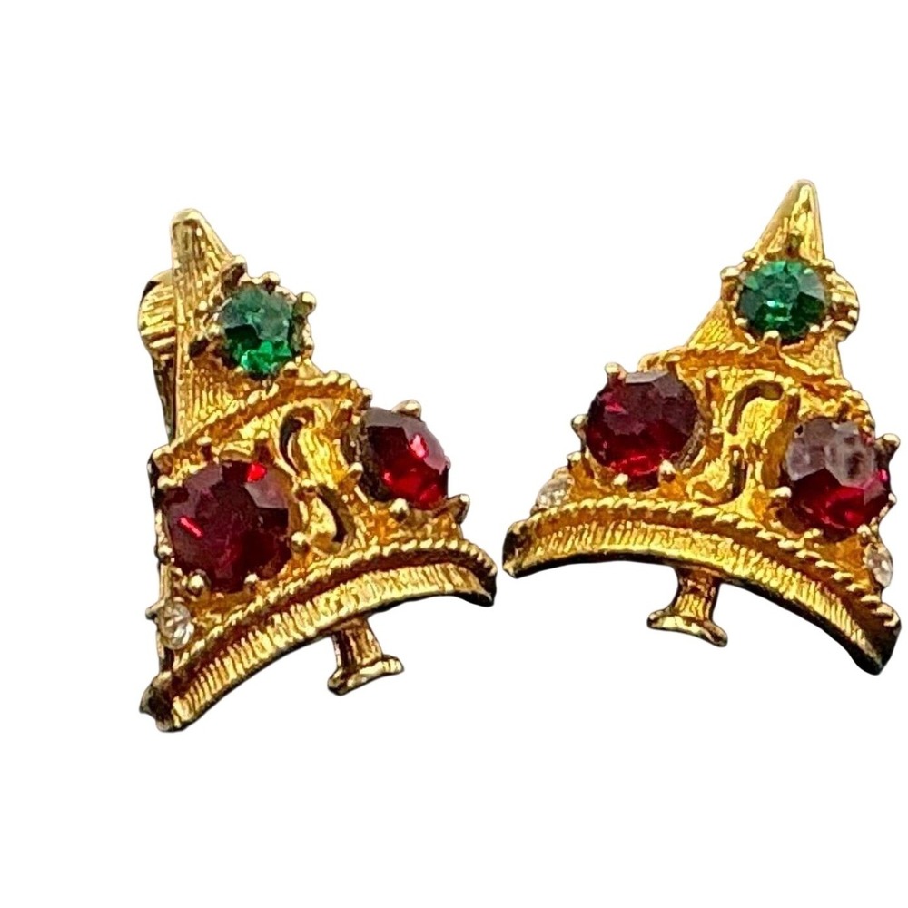 Vintage Gold Tone Christmas Tree Clip On Earrings Red Green Rhinestone Festive‎